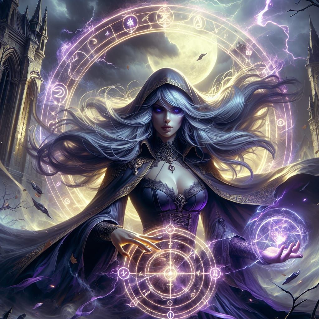 Mystical Woman in a Stormy Dark Fantasy Scene