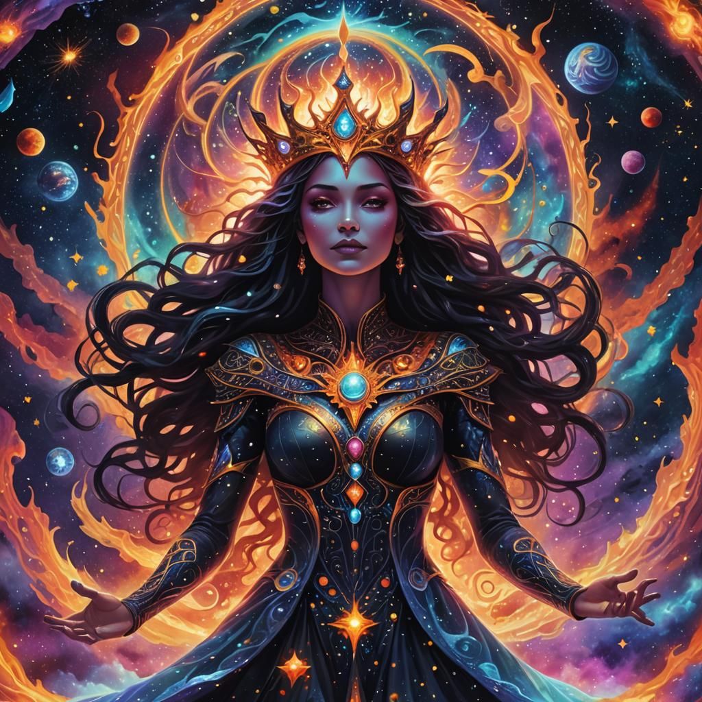 Mystical Queen of Darkness and Fire: Cosmic Illustration
