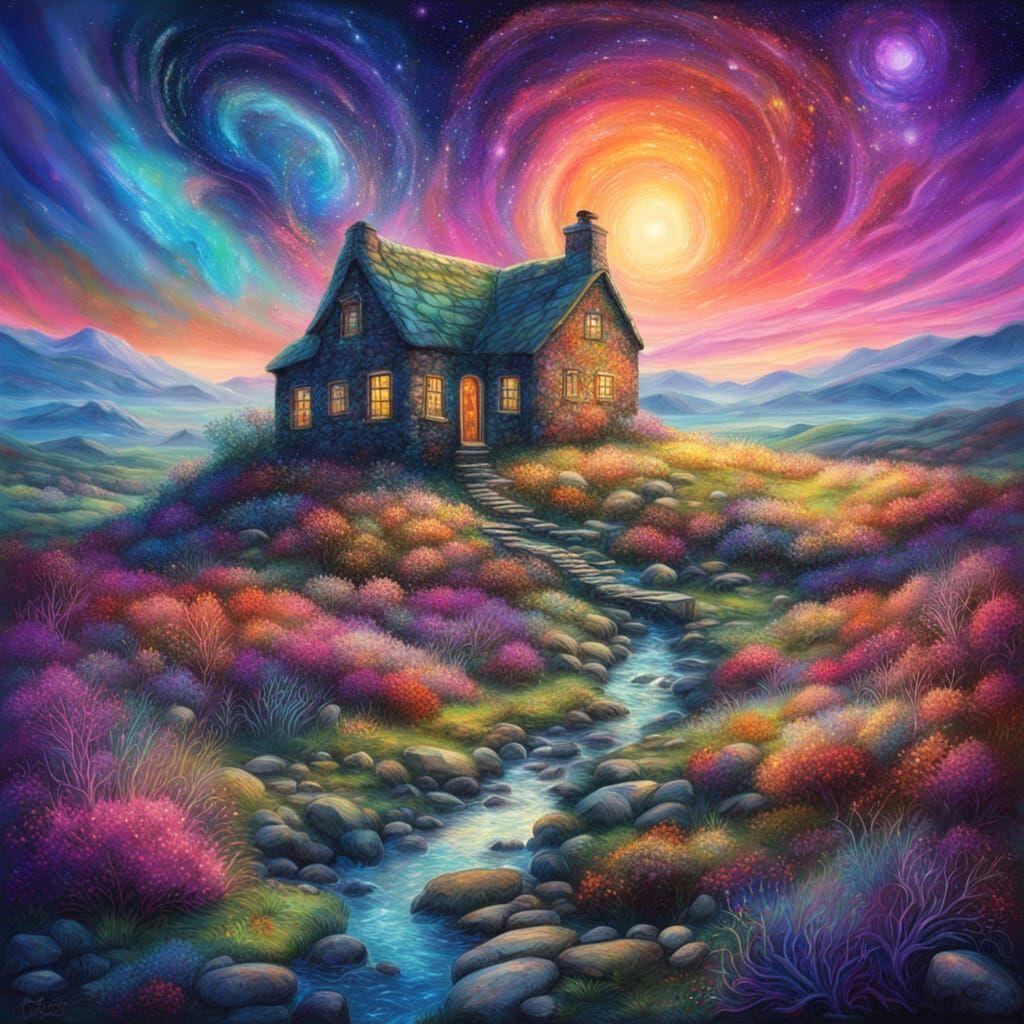 Cosmic Moorland Cottage with Astral Energy, Mixed Media
