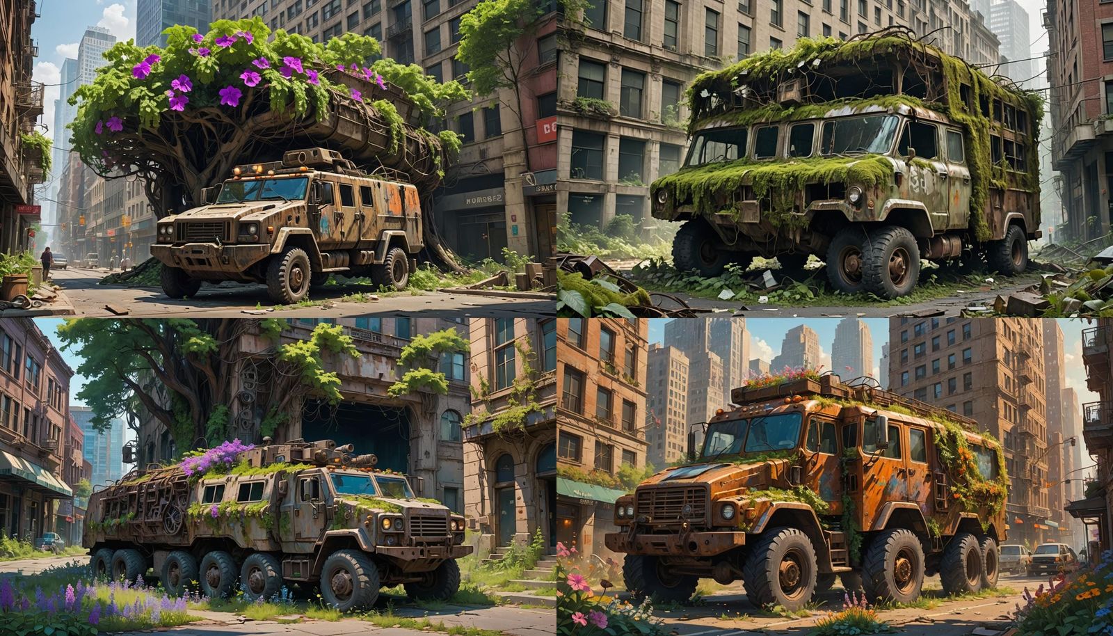 Apocalyptic Sunny Day: Overgrown Cityscape with Armored Truc...