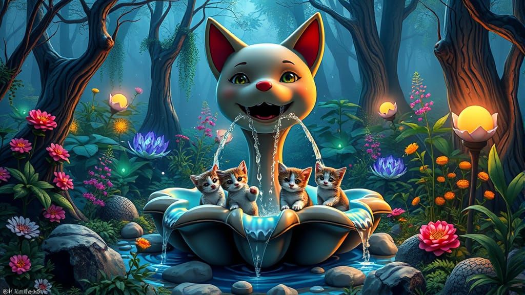 Whimsical Animal Fountain in Magical Forest: Comic Book Art