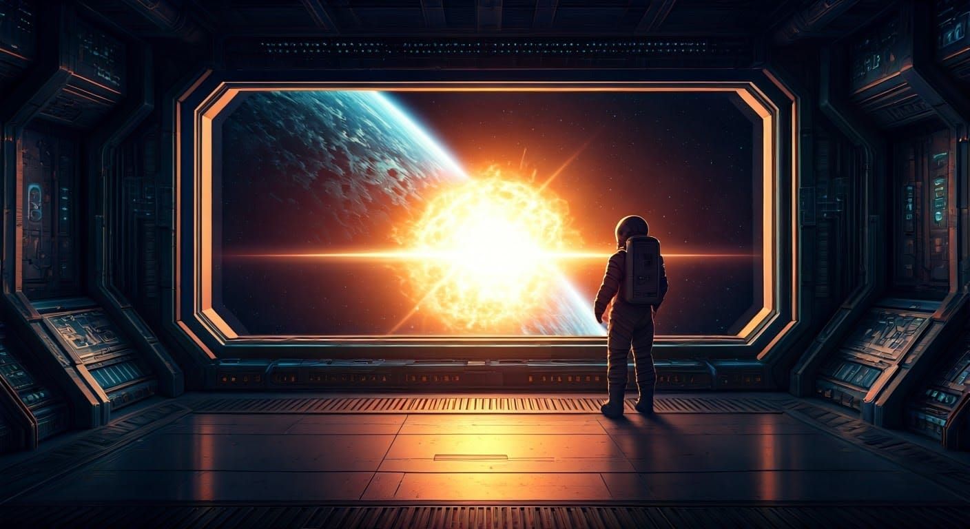 Astronaut and Supernova in Cyberpunk Space Station