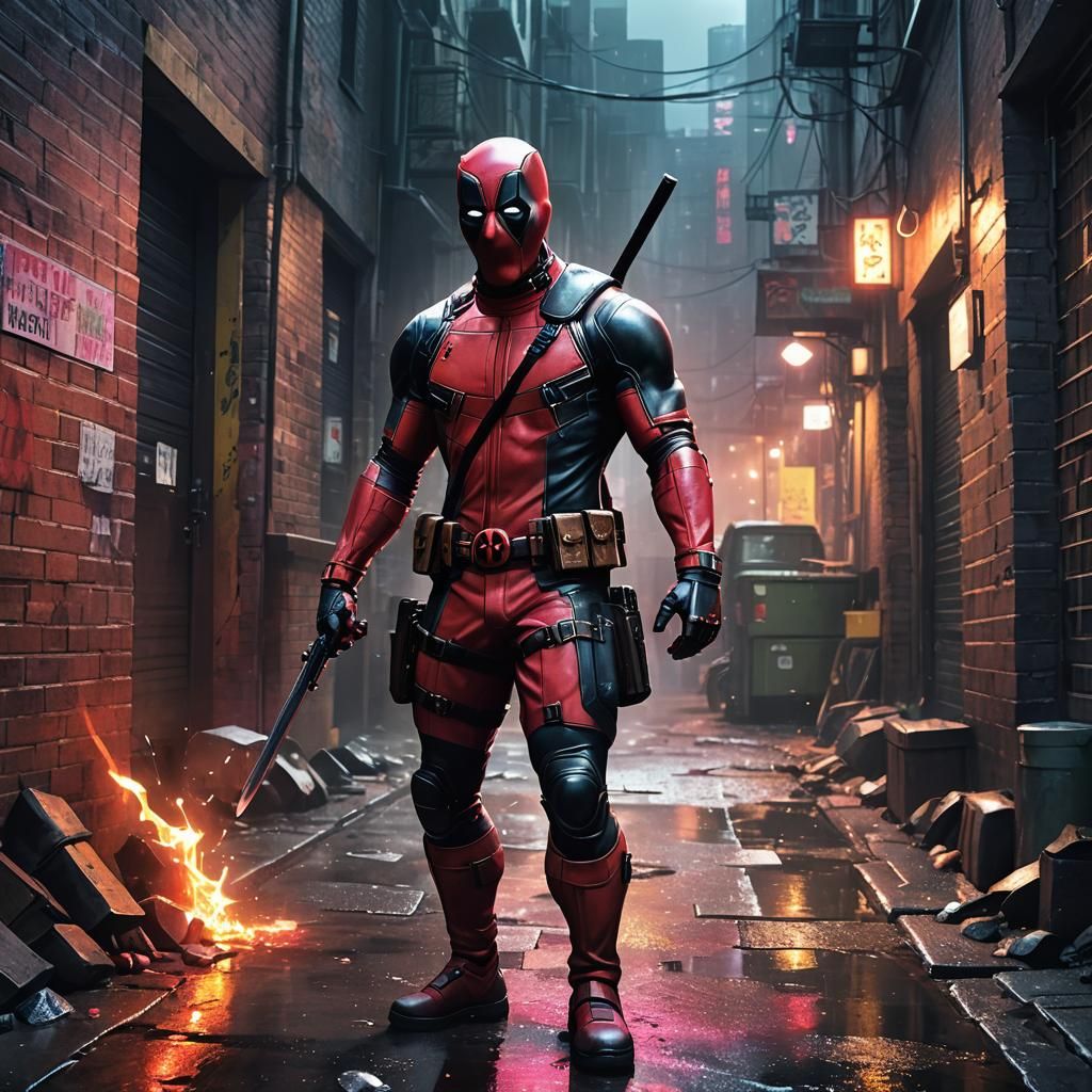 Deadpool Illustration in a Dark Alleyway