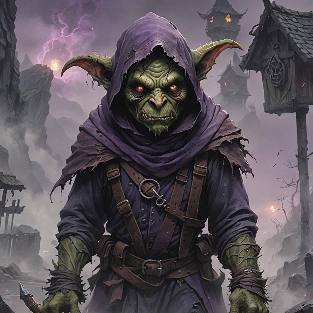 Menacing Goblin Intimidates Travelers on Misty Mountain Road