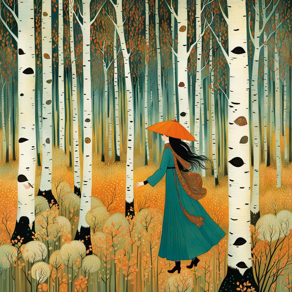 Girl in Birch Forest Illustration