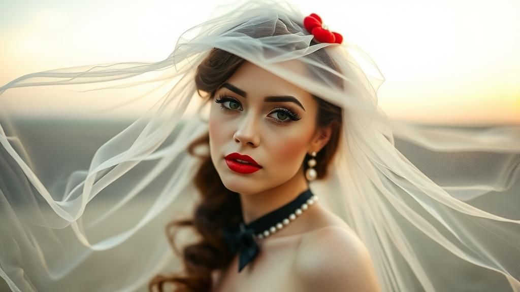 Kitschy Pinup Lady with Gossamer Veil