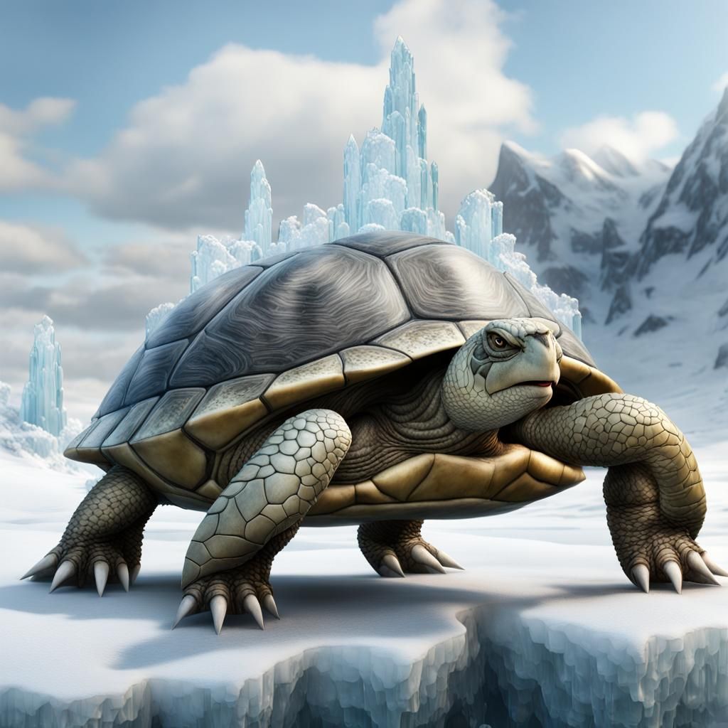 Hyper-Realistic Ice Warrior Turtle on Frozen Meadow