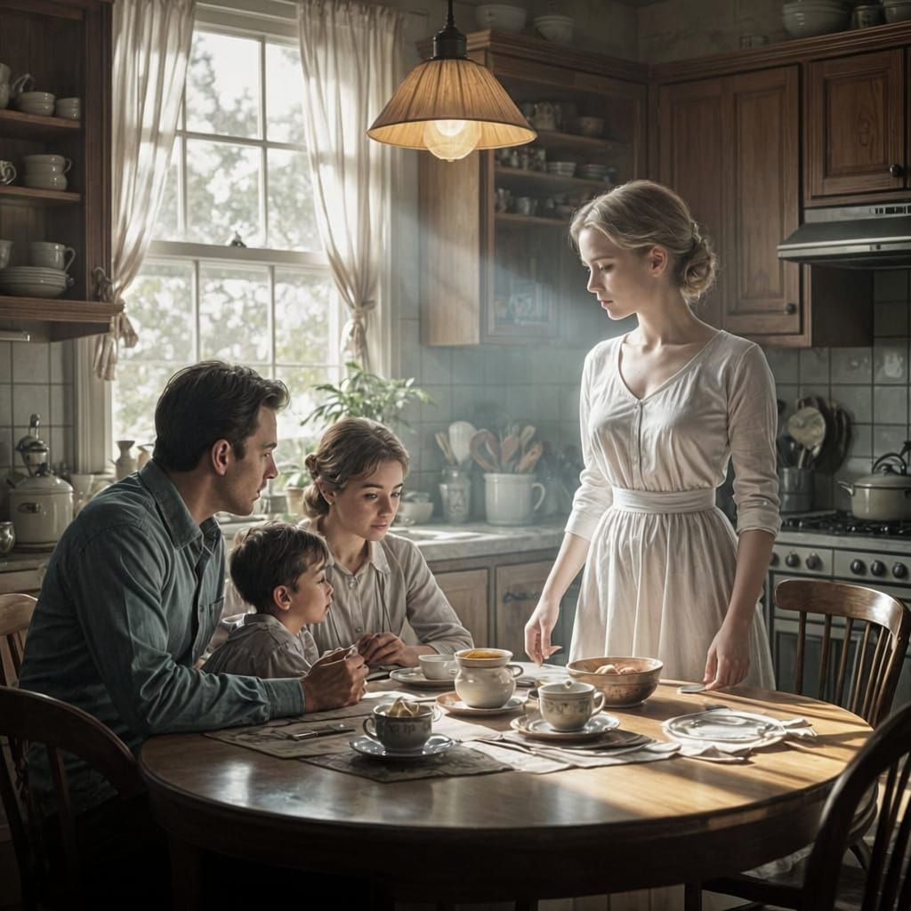Sad Family in 1950s Kitchen with Loving Ghost Mother