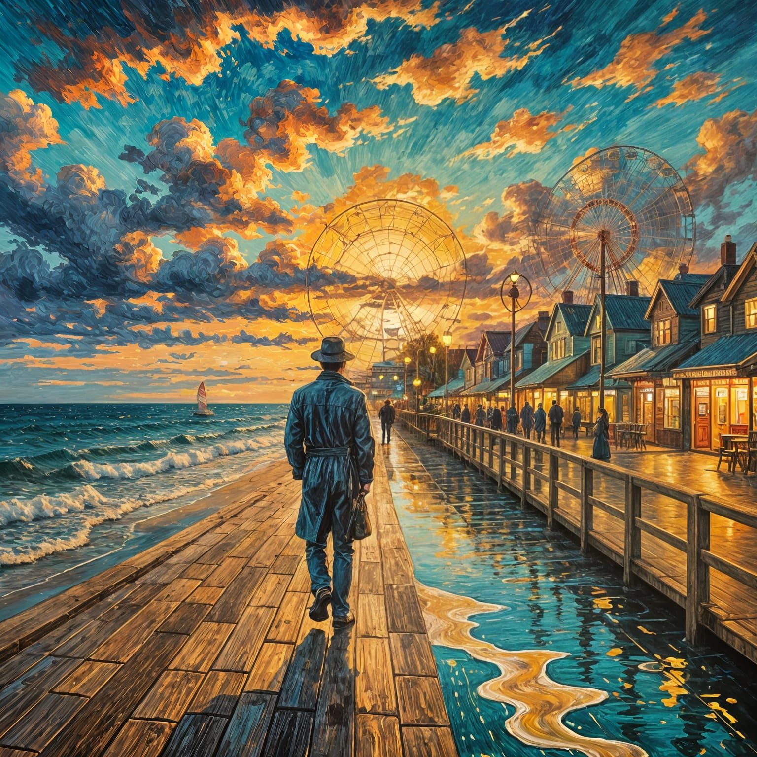 Boardwalk Painting with Ferris Wheel in Van Gogh Style