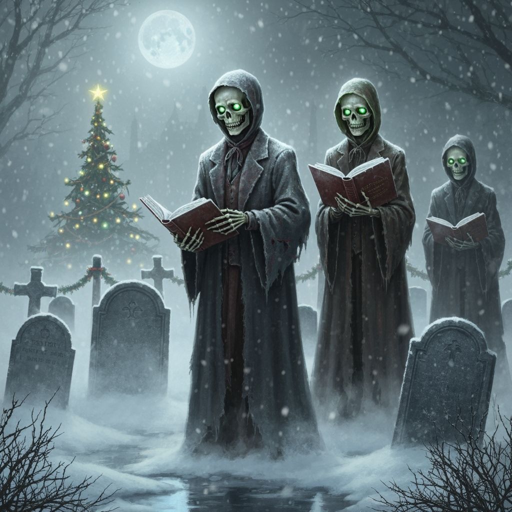 Skeletal Carolers in Foggy Graveyard