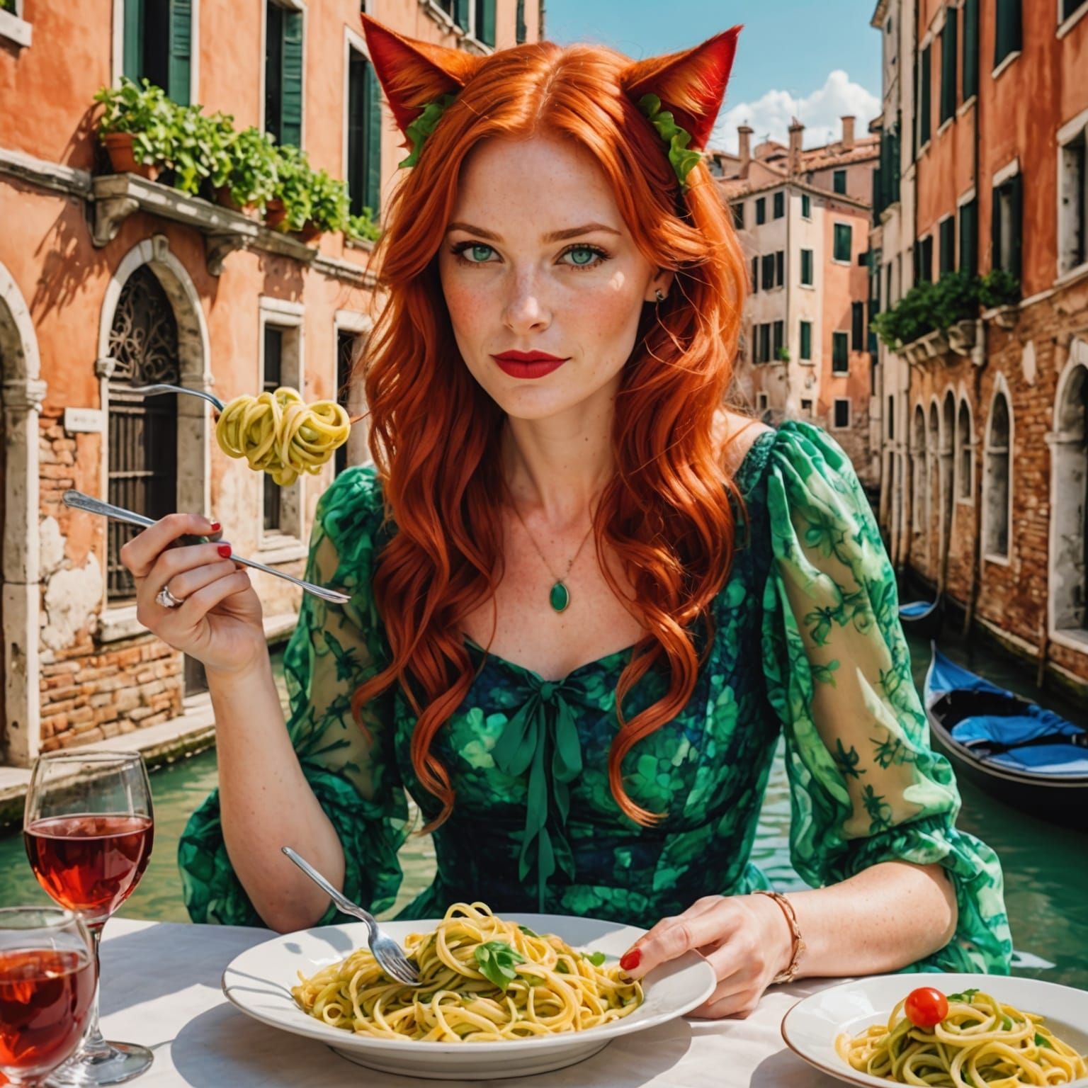 Cat-Eared Woman Eats Pasta in Venice, Alcohol Ink Art