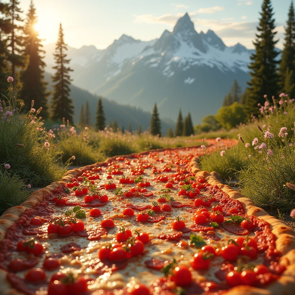 Edible World: Pizza Topping Landscape at Golden Hour
