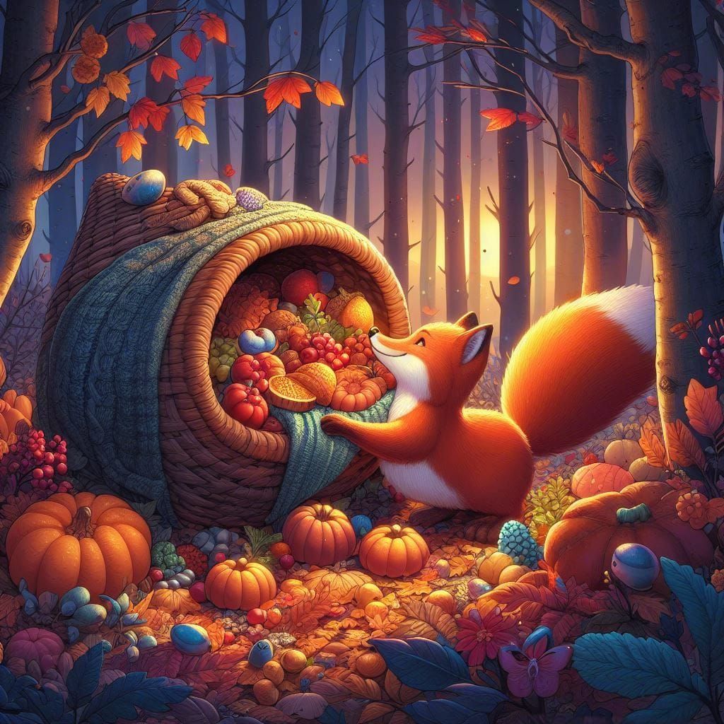 Adorable Fox with Cornucopia in Autumn Forest