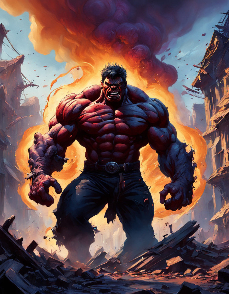 Epic Red Hulk Confronts Destruction in Frank Frazetta Style