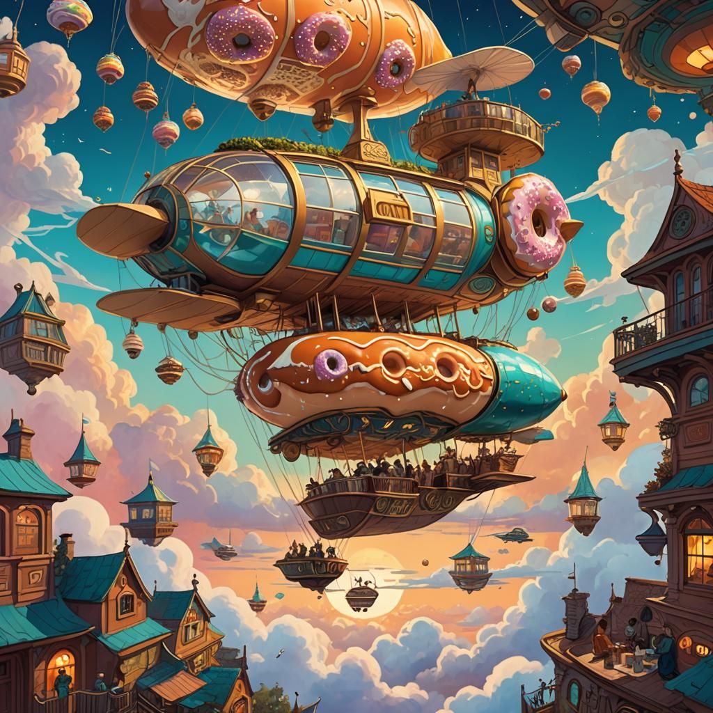 Fantasy Donut Shop Airship in Art Nouveau Style