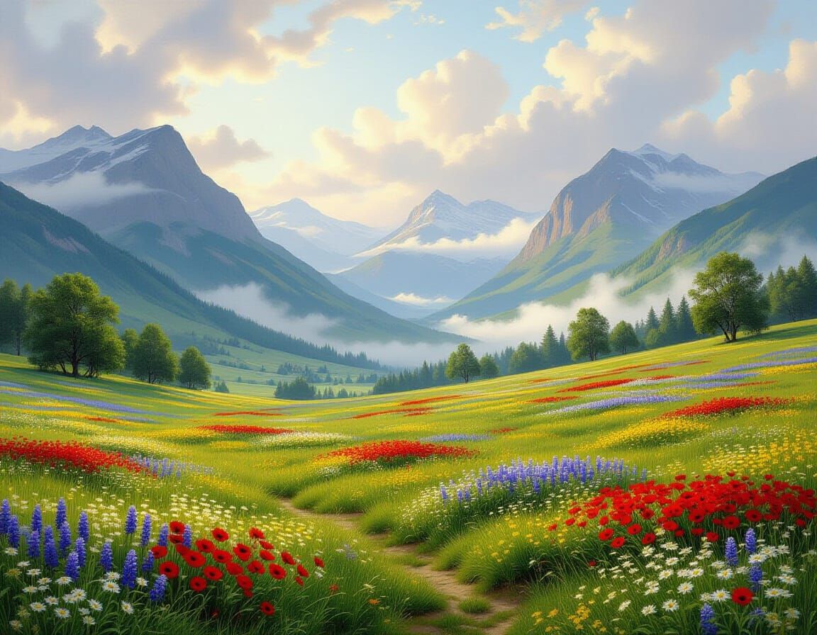 Majestic Misty Landscape with Wildflowers