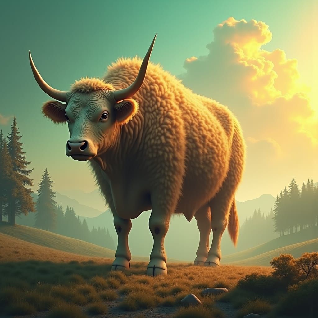 Majestic Cow in Mystical Landscape, 8K Resolution