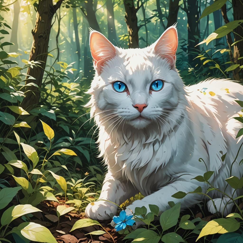 Anime Cat Hunting Mouse in Dense Undergrowth