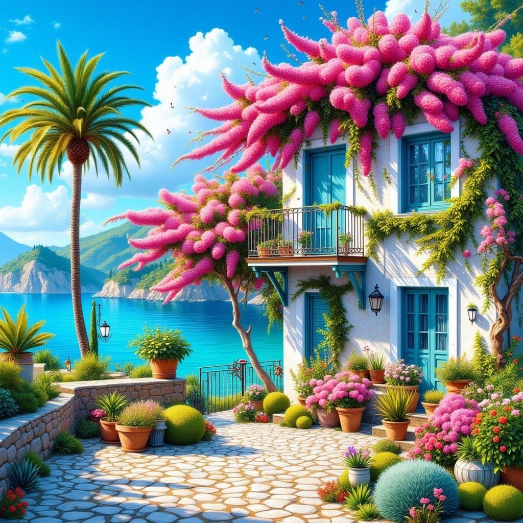 Charming Seaside House Adorned with Flowers