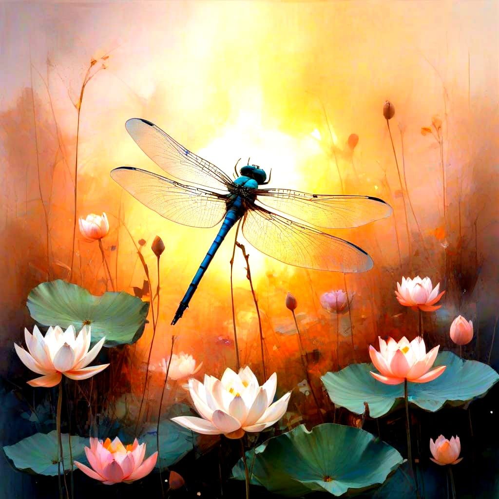 Vibrant Lotus Blossom Scene in Mixed Media Art