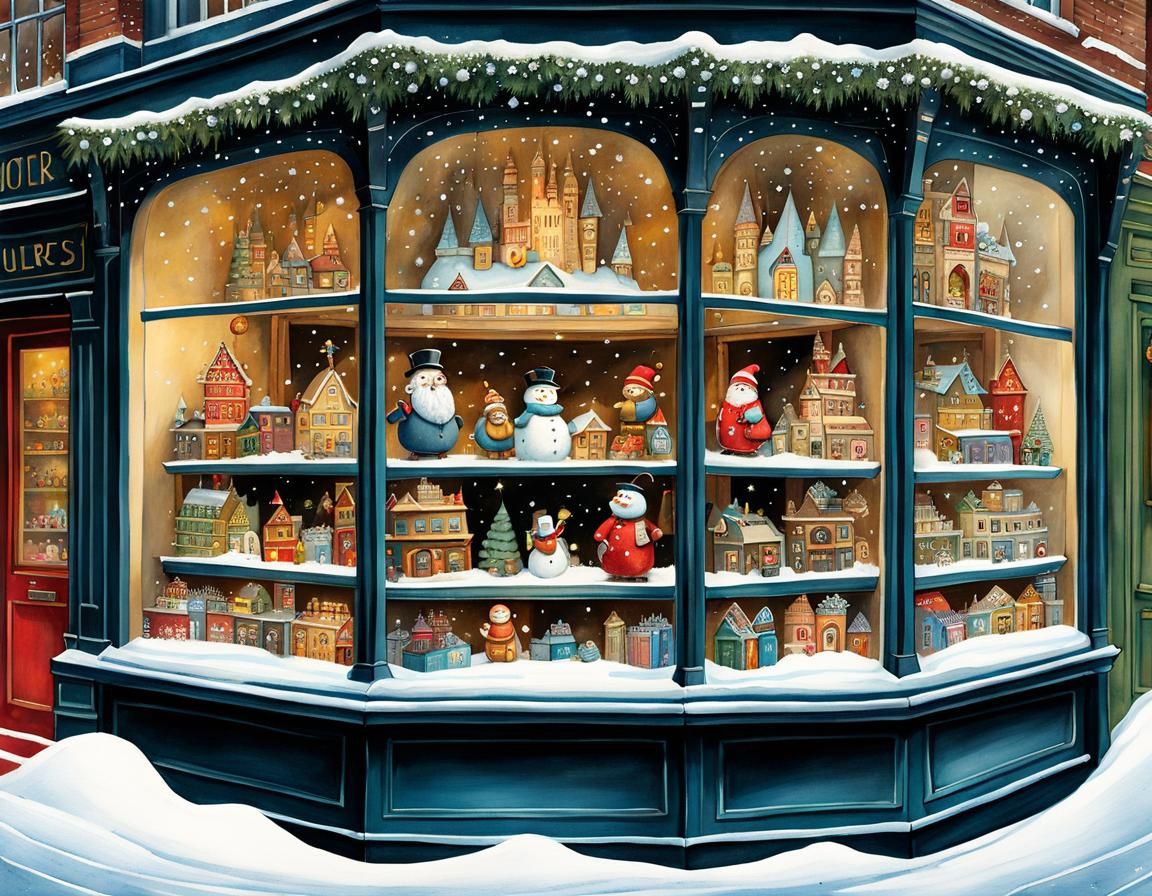 Whimsical Toy Shop Window in Watercolor and Ink