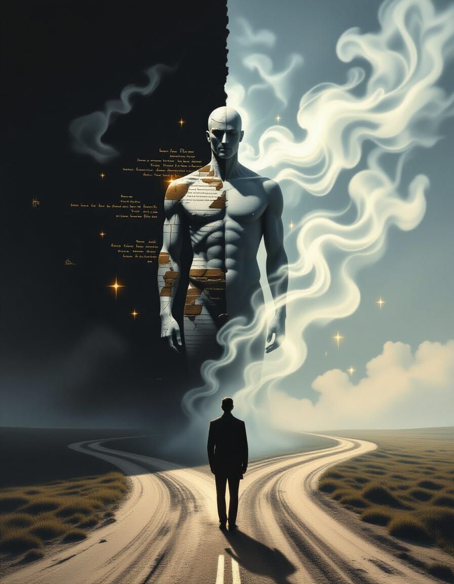 Figure of Paradox: Stone and Mist Crossroads in Surreal Styl...