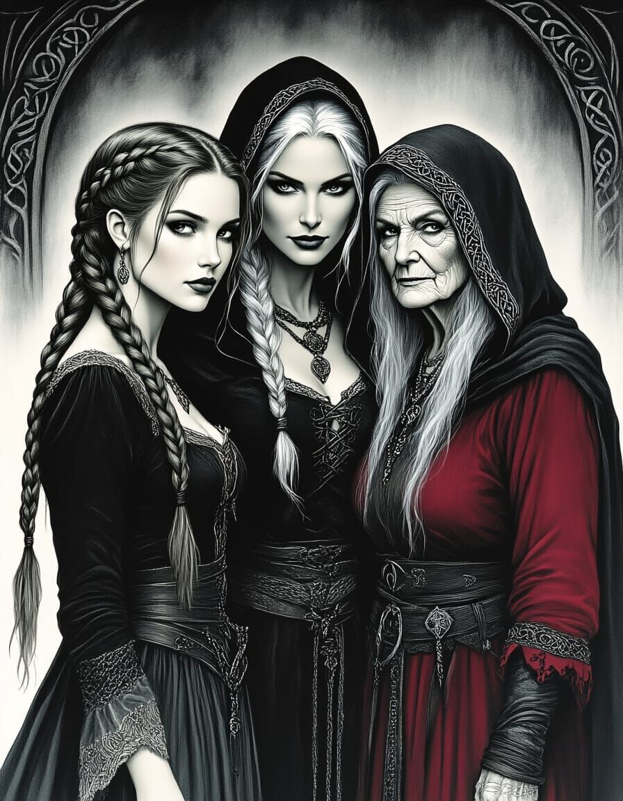 Maiden, Mother, Crone in Pen and Ink Style