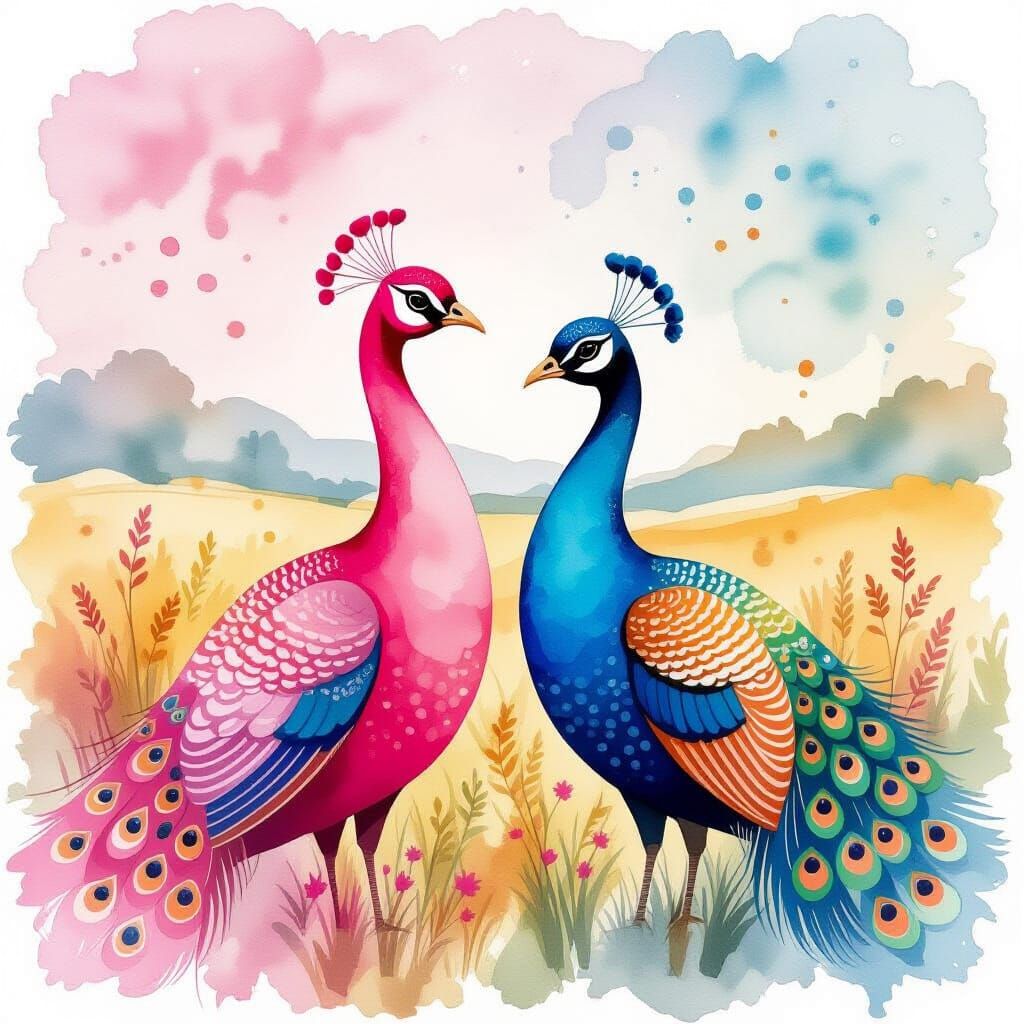 Pink and Black Peacocks in Watercolor Style