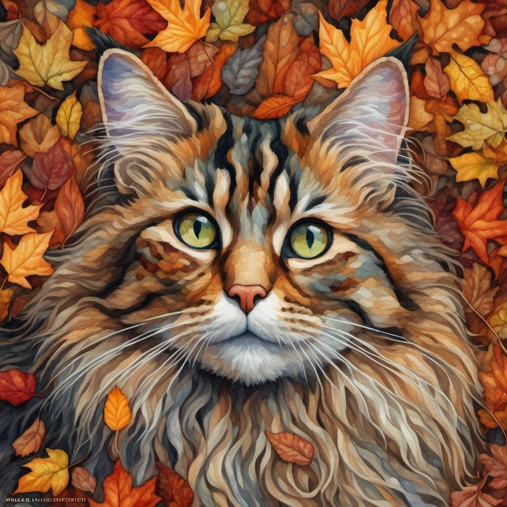 close-up portrait of  long-haired tabby cat sitting in a pil...