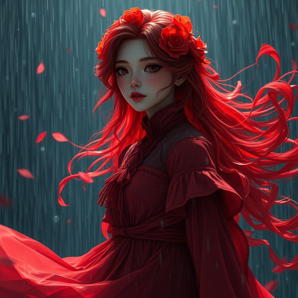 Fantastical Red-Haired Girl in Crimson Gown Amidst Nighttime...
