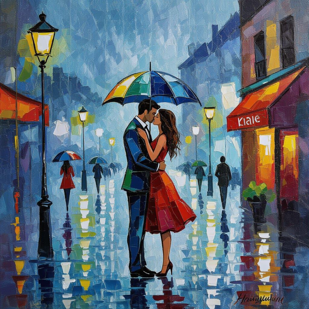 Romantic Kiss in Rain, Neo-Impressionist Oil Painting