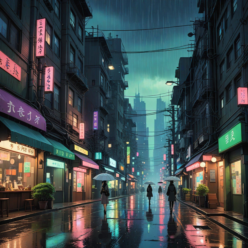 Ethereal Cityscape Girl in Rainy Night