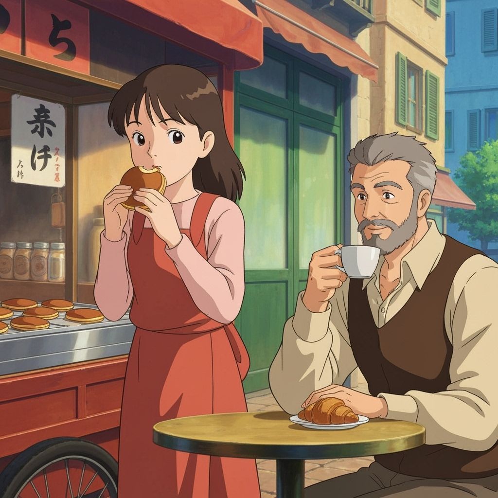 Japanese Girl Eats Dorayaki, Italian Man Sips Espresso