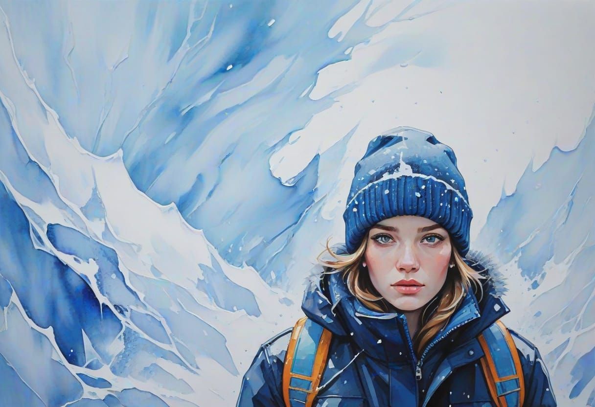 Frozen Figure in Blizzard: Abstract Gouache Art