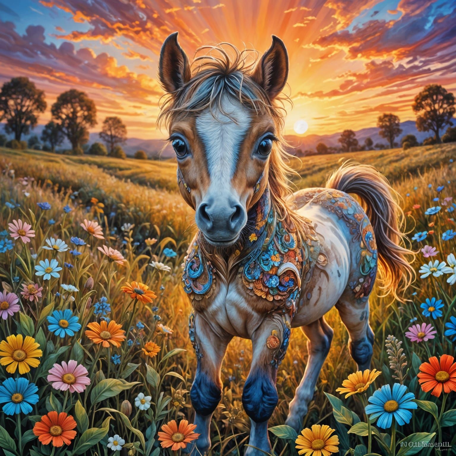 Whimsical Oil on Canvas Horses in Sunset Fields