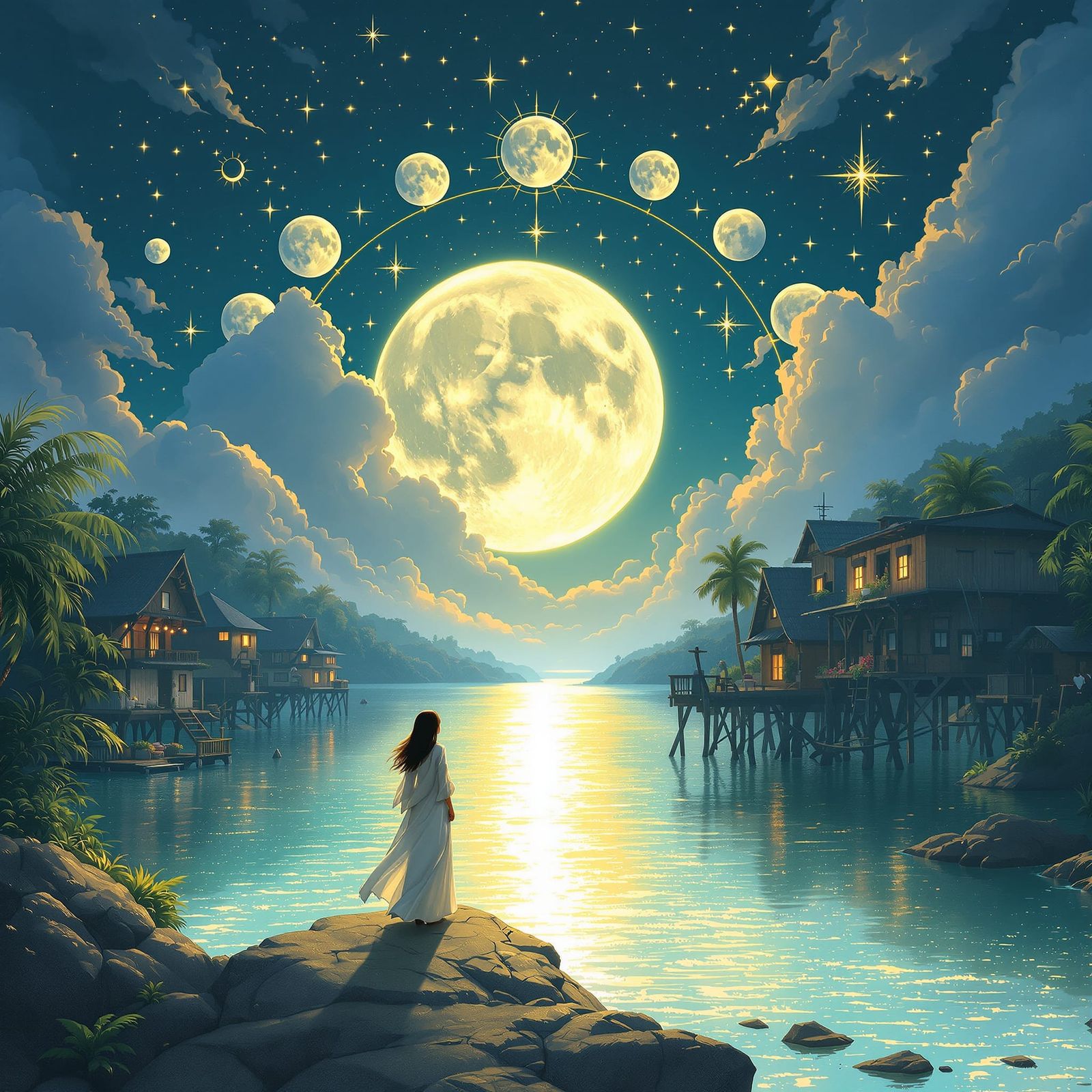 Ethereal River Scene Under Multiple Moons