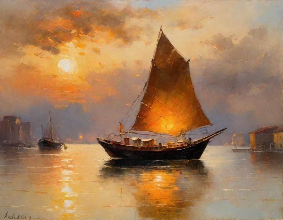 Chinese Junk Boat at Sunset in Impressionist Style