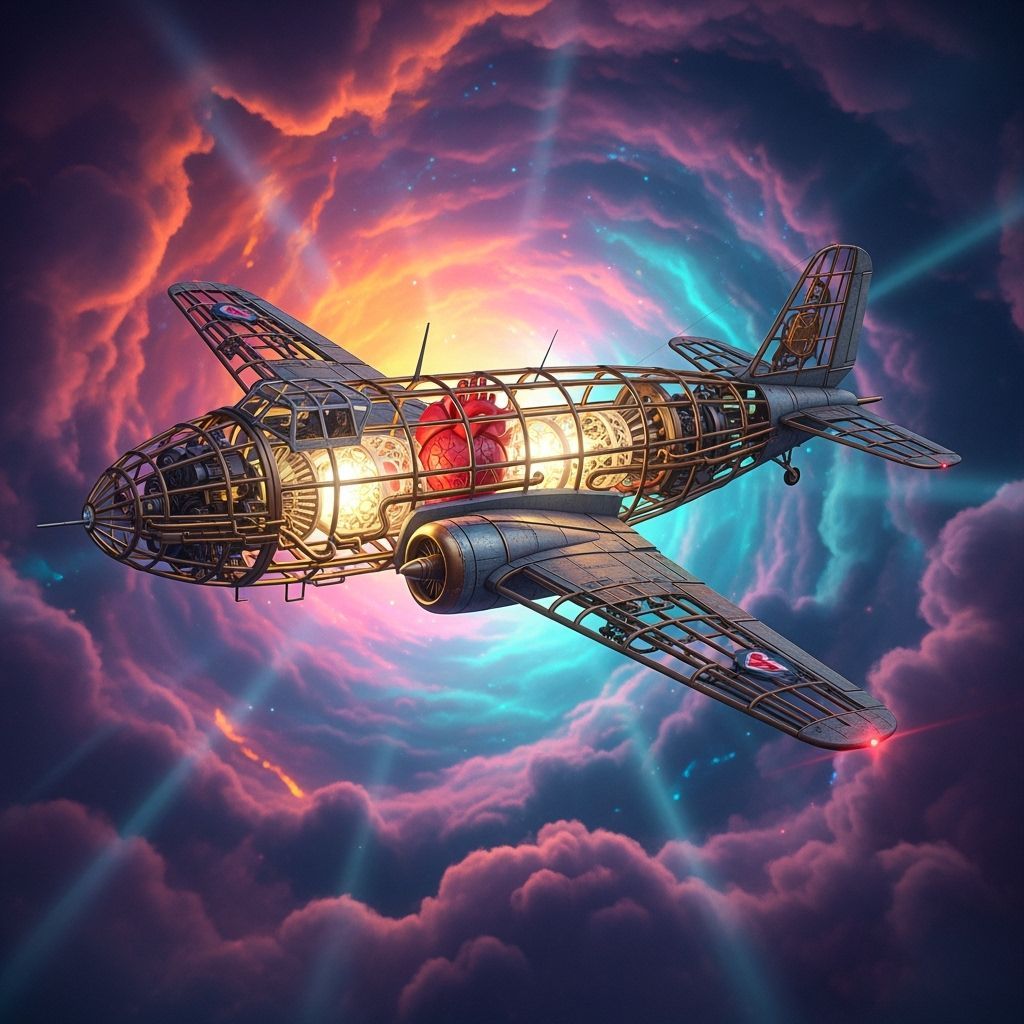 Skeletal Love Bomber Flies Through Kaleidoscopic Sky