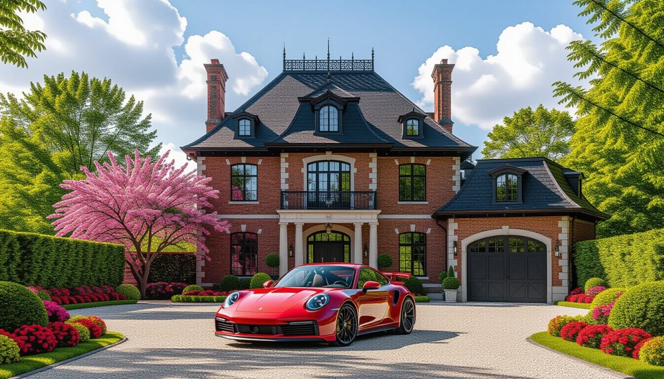 Victorian Chateau with Red Porsche and Vibrant Garden