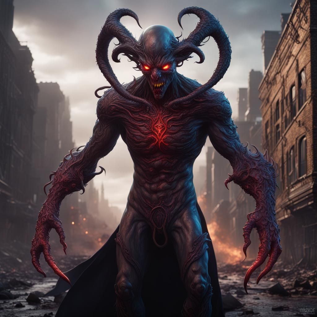 Demonic Eldritch Superhero in Detailed Matte Painting