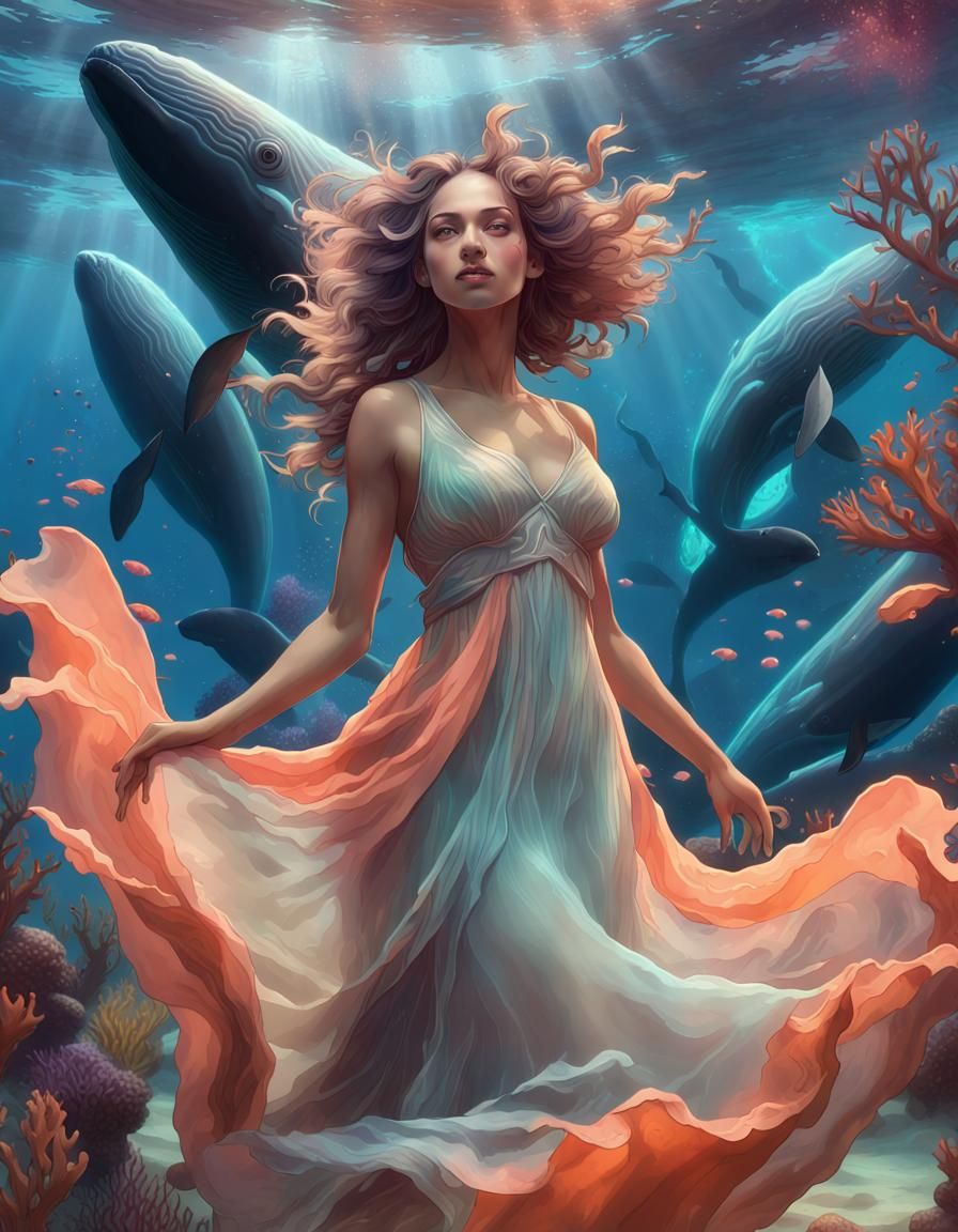 Underwater Woman with Whales, Digital Art