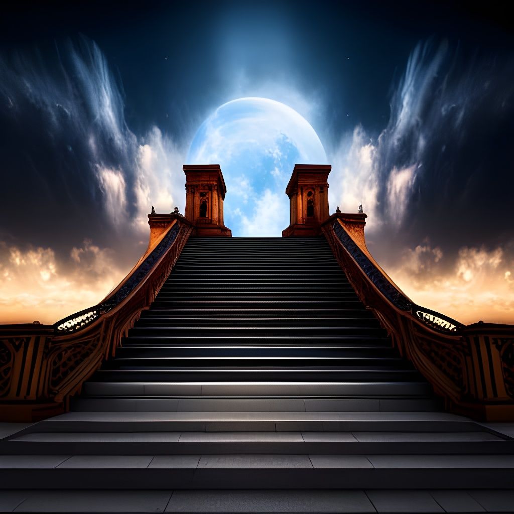 Ornate marble staircase going up into the night sky