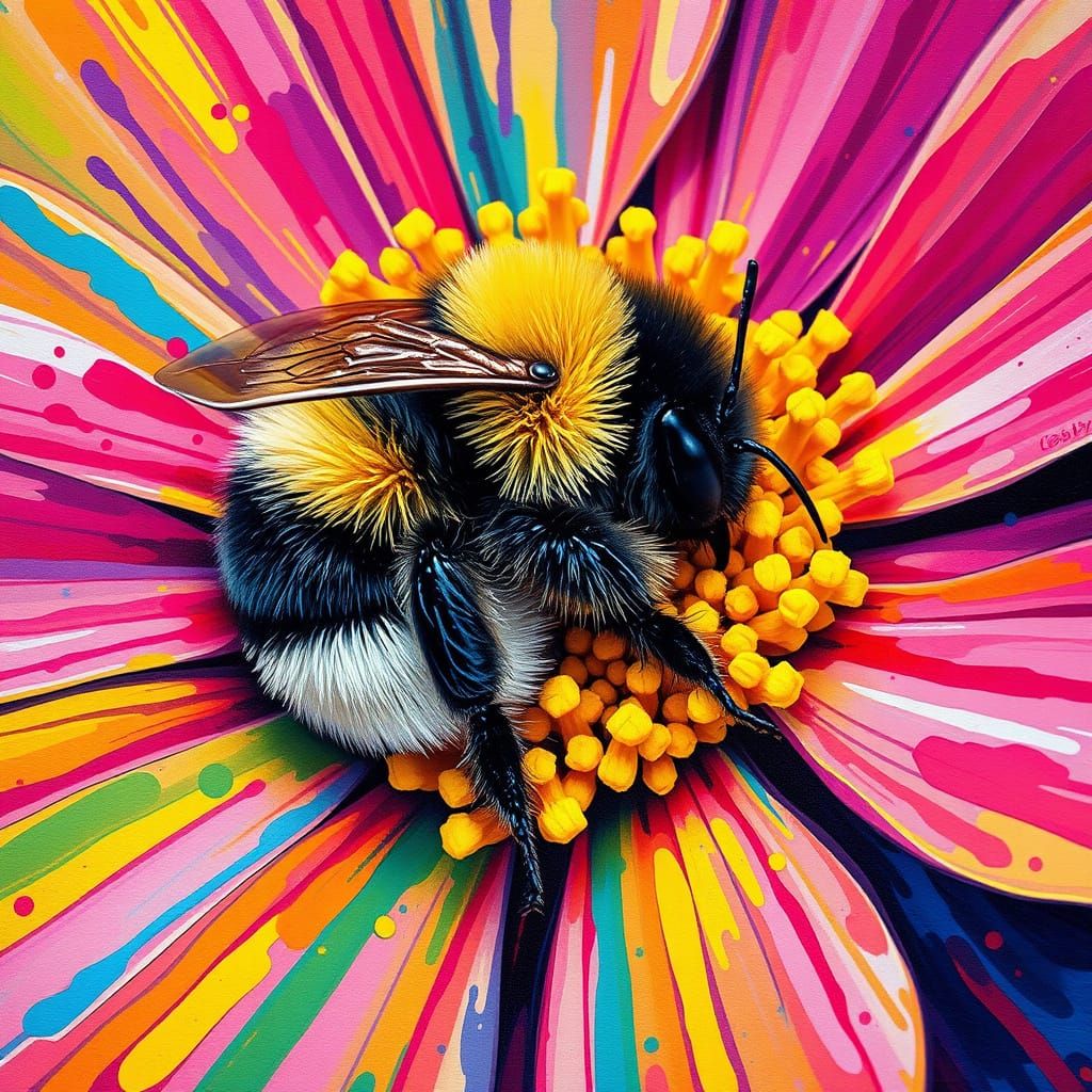 Bumblebee Sleeping in Colorful Graffiti Flower