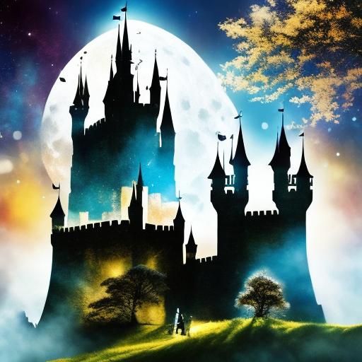 Fairy Silhouette with Moonlit Castle Double Exposure