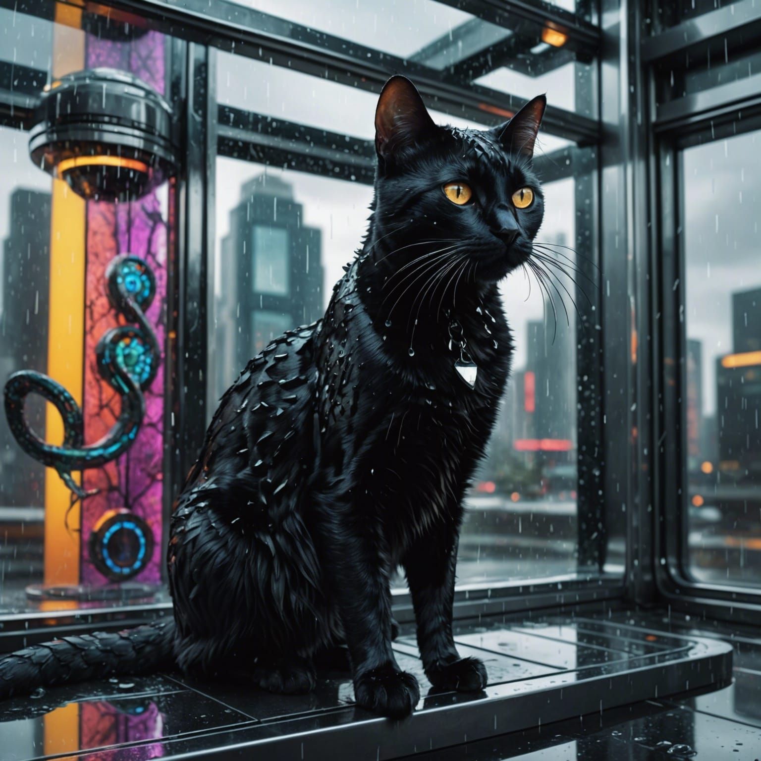 Cybernetic Snake-Cat in Futuristic Elevator