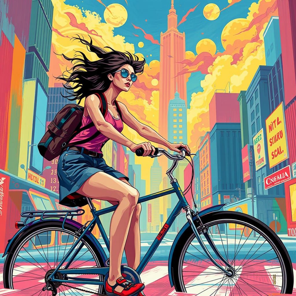 Vibrant Cityscape with Dreamlike Bike Ride in Graphic Style
