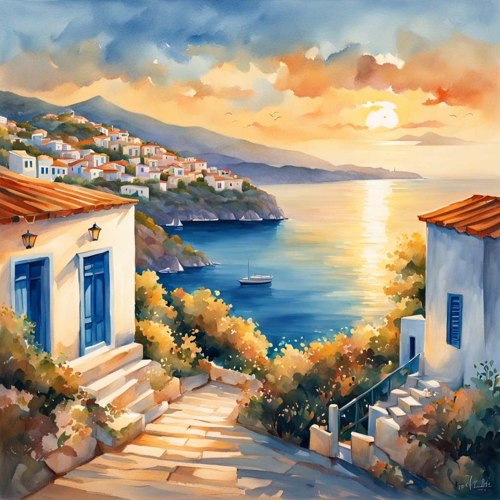 Idyllic Greek Island Houses in Gouache Style