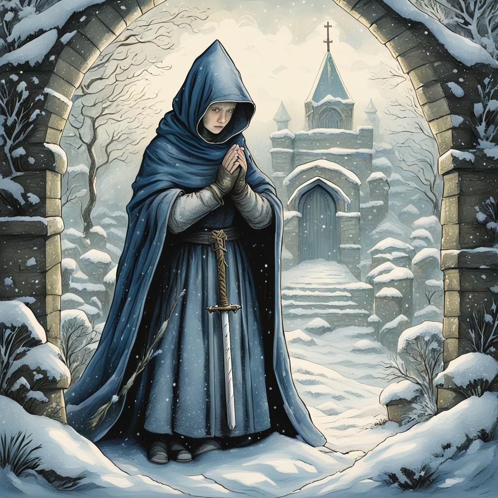 Warrior Nun Praying in Winter Garden, Classic Illustration
