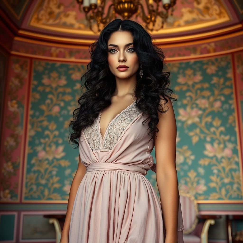 Elegant Woman in Cerulean Gown Against Luxurious Damask Wall...