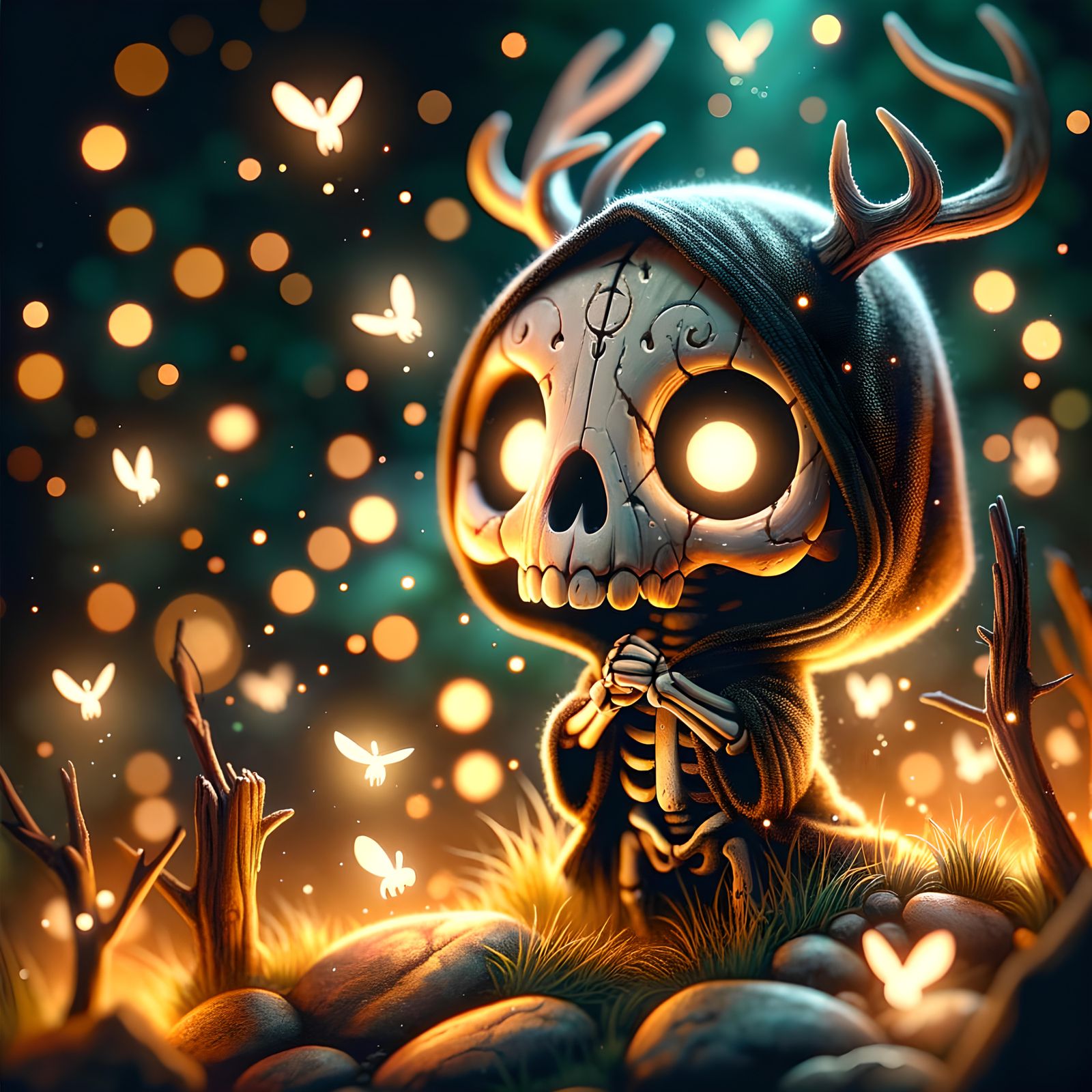 Undead Deer's Firefly Dance in Watercolor Style